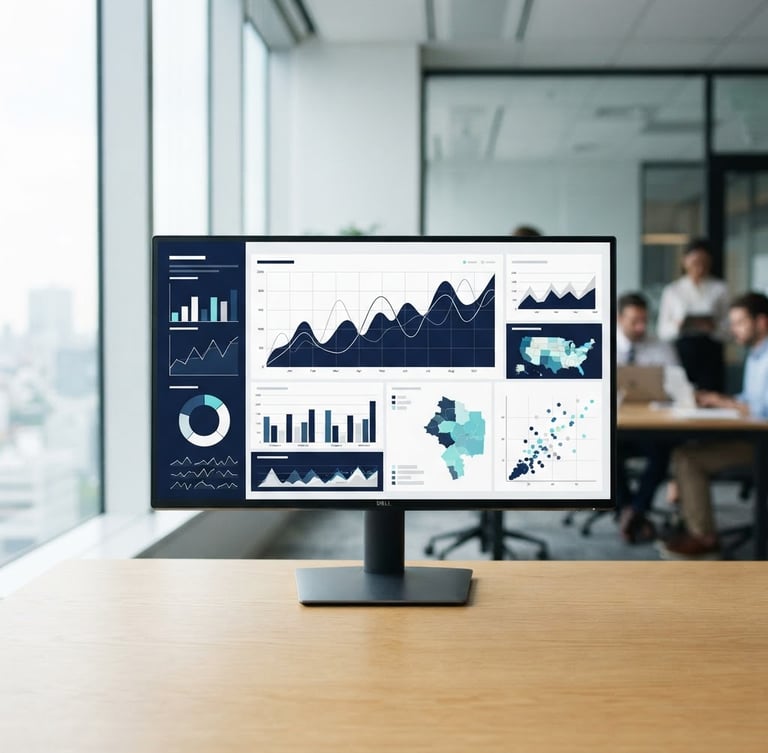 Crisp corporate photography of a clean analytical dashboard on a high-end monitor, cool natural window light, deep navy and clean white tones, sharp focus, 35mm