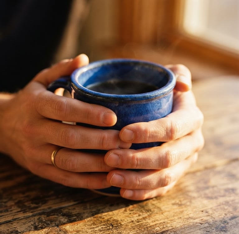 Tight macro shot of a thick-rimmed cobalt blue mug held in two hands, warm golden-hour window light casting long shadows on a rustic wooden table, shallow depth of field, 35mm