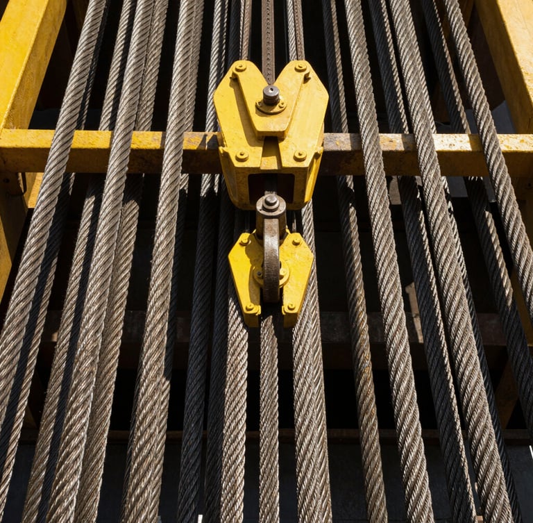 Close-up of industrial steel rigging gear and heavy cables glinting in the bright daylight, yellow steel accents, sharp focus