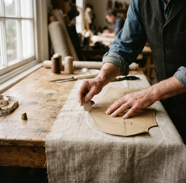 Hands of a master tailor marking heavy linen fabric with white chalk on a rustic wooden drafting table, soft side-lighting from a workshop window, tactile grain, 35mm photography