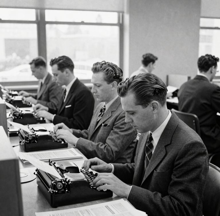 Classic black and white photojournalism of a busy mid-century style newspaper newsroom, journalists working on typewriters, natural overcast light from high windows, soft 35mm grain, vintage editorial atmosphere.