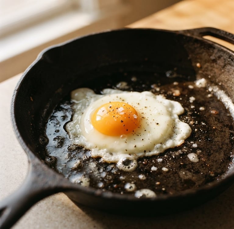 Close-up shot of a farm-fresh egg cracked into a rustic cast-iron skillet, showing a vibrant deep-orange yolk, warm morning sunlight casting soft side shadows, shallow depth of field, 35mm film.