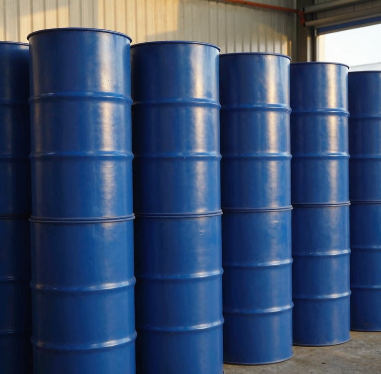 A high-contrast industrial close-up of clean, neatly stacked blue bitumen drums in a modern, well-organized warehouse under bright daylight.