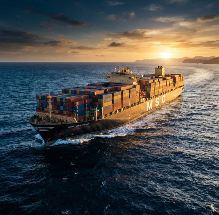 Wide-angle crisp editorial shot of a massive cargo vessel loaded with shipping containers navigating deep blue ocean waters during golden hour.