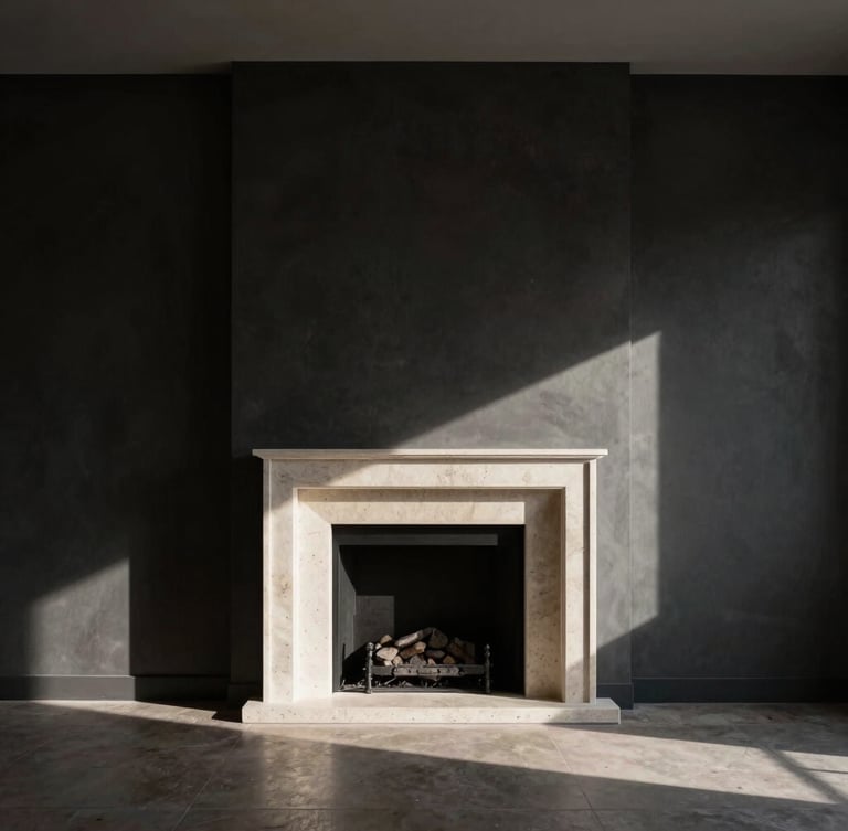 Straight-on architectural elevation of a minimalist living room, deep charcoal walls, honed Belgian bluestone fireplace, dramatic side-light casting long shadows, Hasselblad medium format