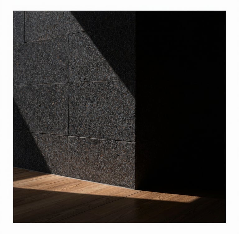 Straight-on architectural detail of a dark honed Belgian bluestone wall meeting a fumed oak floor, razor-sharp shadow line, dramatic low-key side lighting, medium format texture shot