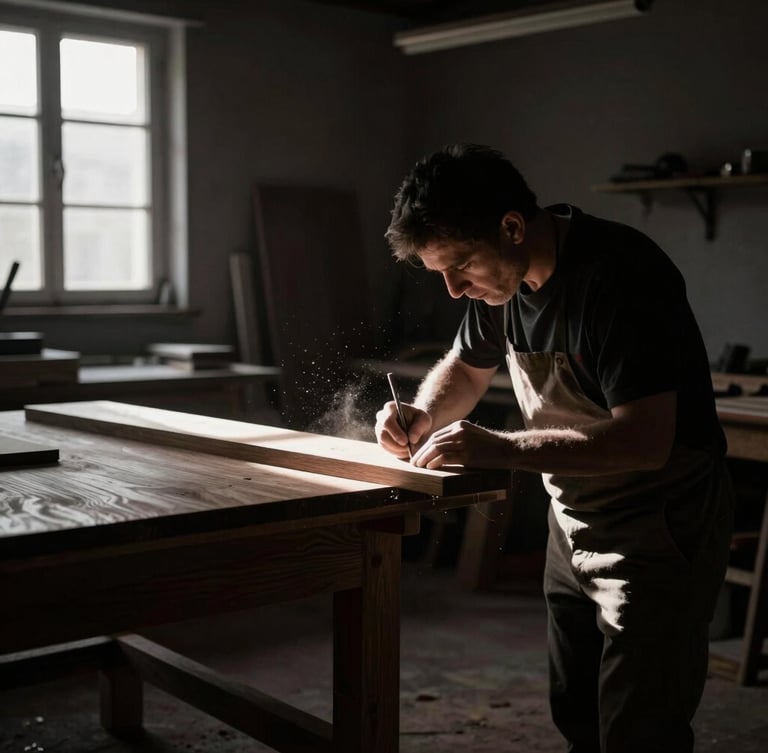 A master cabinetmaker hand-finishing a dark oak joint in a moody, low-lit workshop, sawdust catching a single beam of window light, dramatic shadows