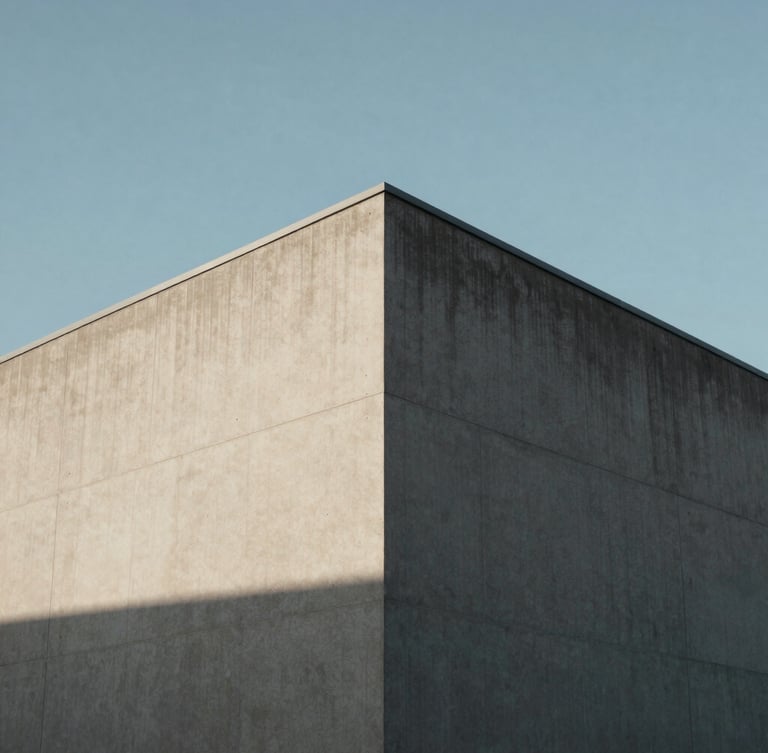 Minimalist urban building corner against a clear sky, strong diagonal shadow on concrete facade.