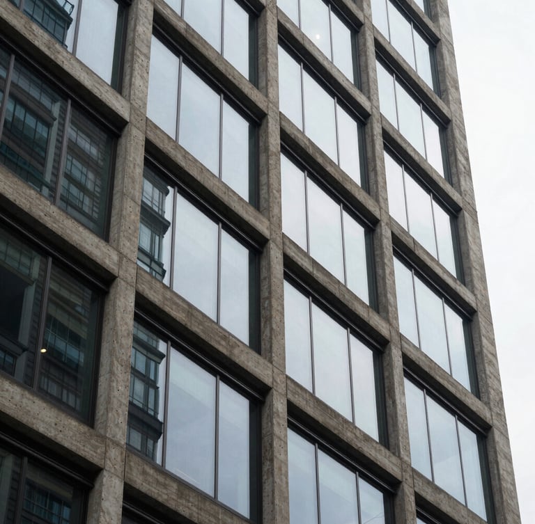 A close-up structural crop of a concrete and glass skyscraper facade, sharp geometric shadows, overcast daylight, architectural lines.