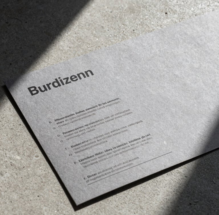 Close-up of printed brand guidelines on heavy textured gray paper, resting on a raw concrete surface, sharp direct sunlight.