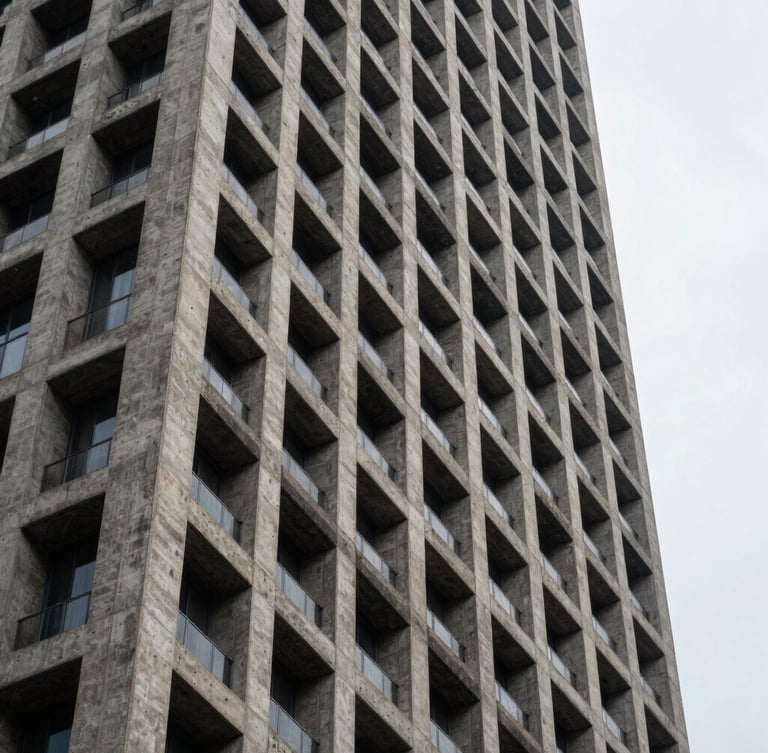 Tight structural crop of concrete and steel skyscraper angles against a sharp overcast sky, high-contrast architectural geometry.