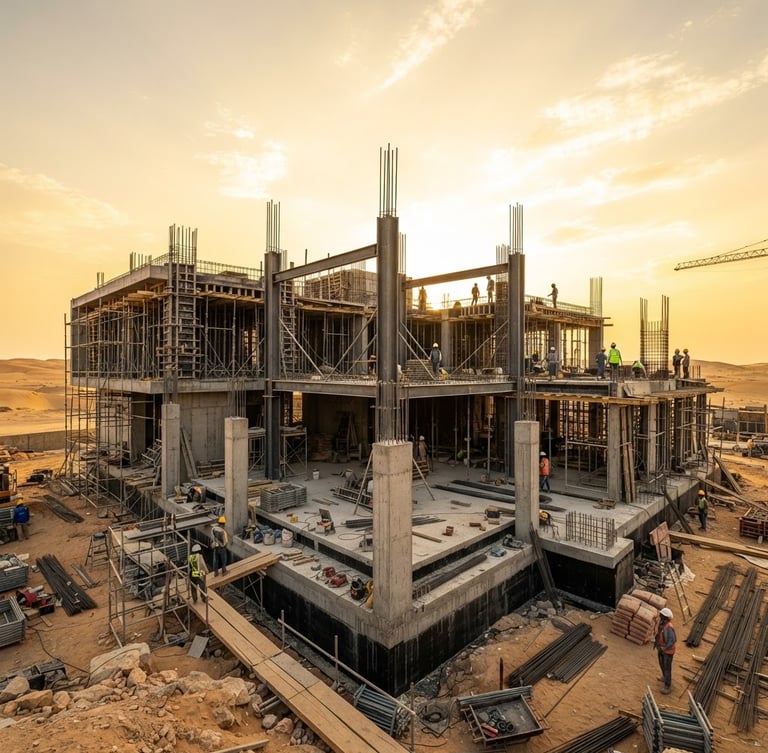 Wide-angle architectural shot of a premium Saudi villa under construction, showing concrete reinforcement and structural steel pillars against a bright golden desert sky, highly detailed.