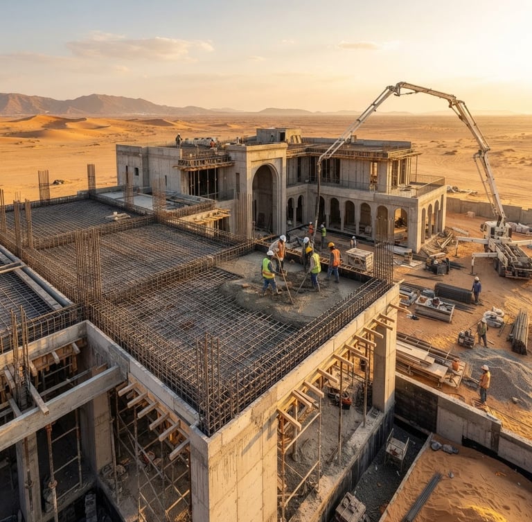 Architectural photography of a luxurious Saudi villa under construction, showing precise structural steel reinforcement and concrete pouring under bright golden hour desert sunlight, high detail.