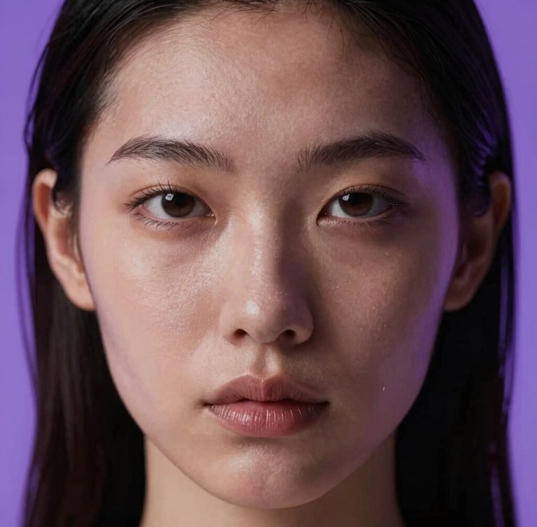 An extreme close-up of a synthetic model's face, flawless skin texture, illuminated by a soft violet screen glow, high contrast, low-key lighting.