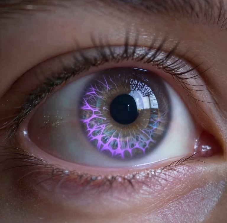 Extreme macro close-up of a human eye reflecting a complex lattice of digital lavender light, soft volumetric glow, dark background
