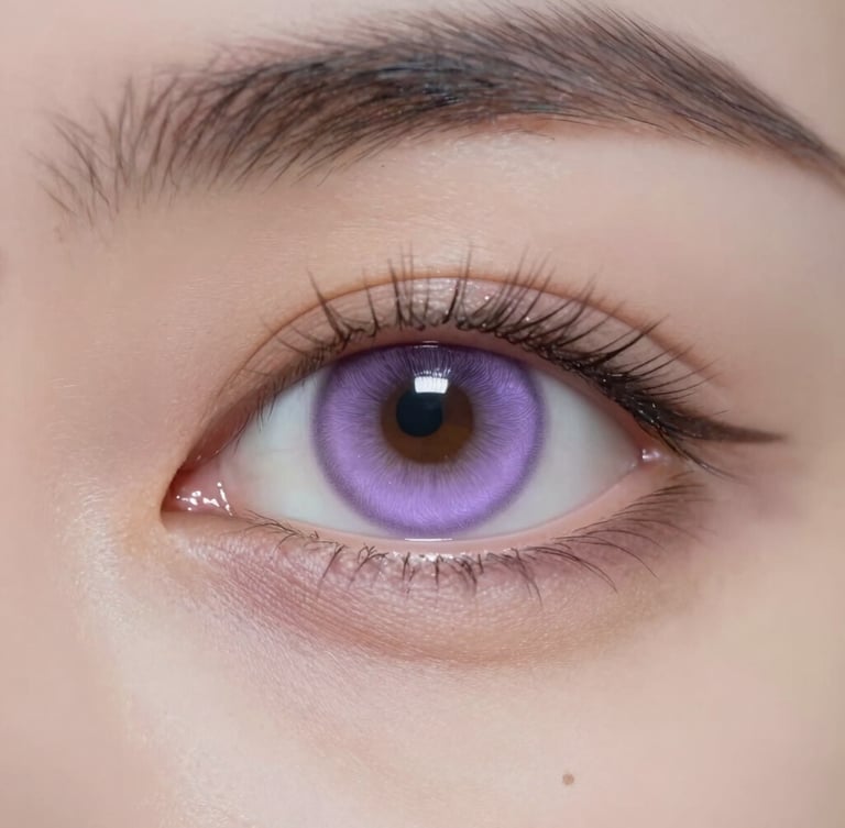 Extreme close-up of a synthetic female eye with flawless skin texture, reflecting a soft digital lavender volumetric glow, low-key cinematic lighting, 21:9 crop