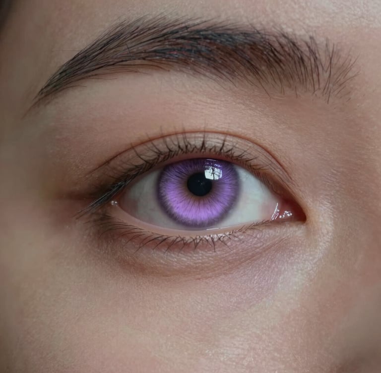 Extreme close-up of a synthetic model's eye, reflecting soft digital lavender light, ultra-detailed skin textures, cinematic low-key lighting