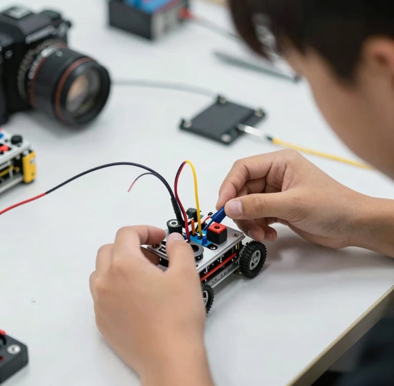 Close-up of hands-on technical training, a young student assembling a small robotic kit with colorful wires on a clean desk.