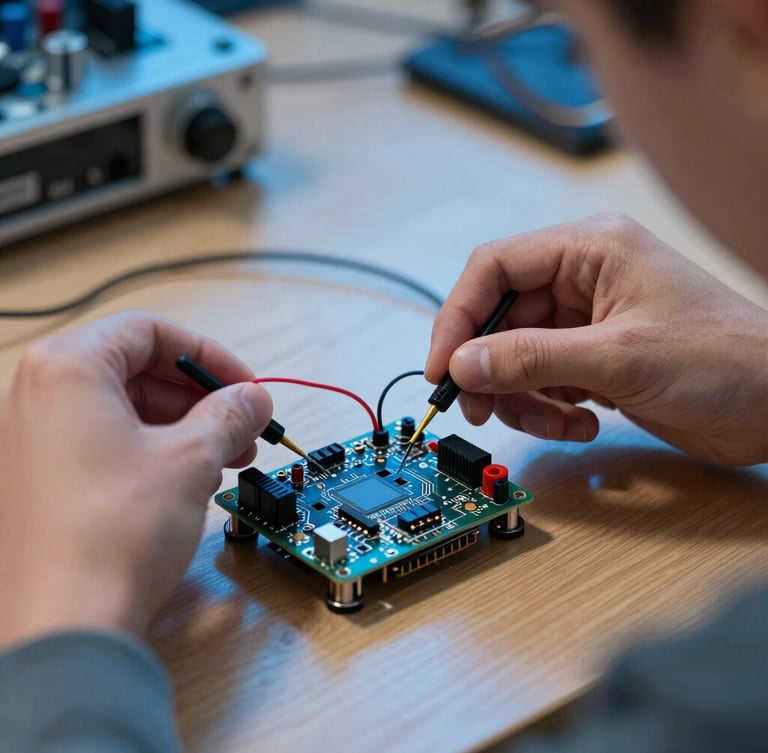 Close-up of a student's hands wiring a small physical robot circuit board on a wooden desk, electric blue ambient lighting.