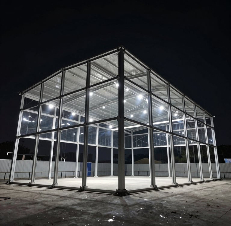 A high-contrast wide architectural shot of an empty, towering steel and glass temporary pavilion frame under dramatic directional spotlights, dark obsidian sky