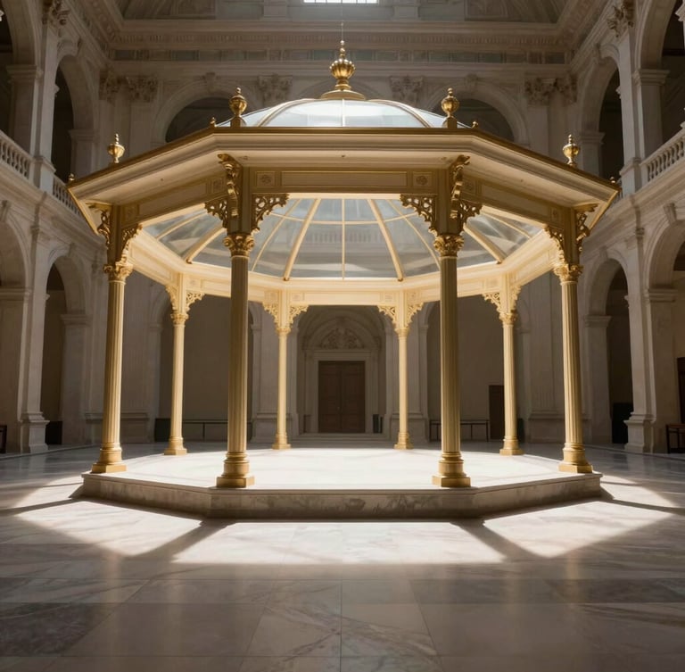Extreme wide angle of a grand architectural pavilion constructed inside a historic European hall, dramatic spotlighting casting long shadows, minimalist champagne-gold accents.