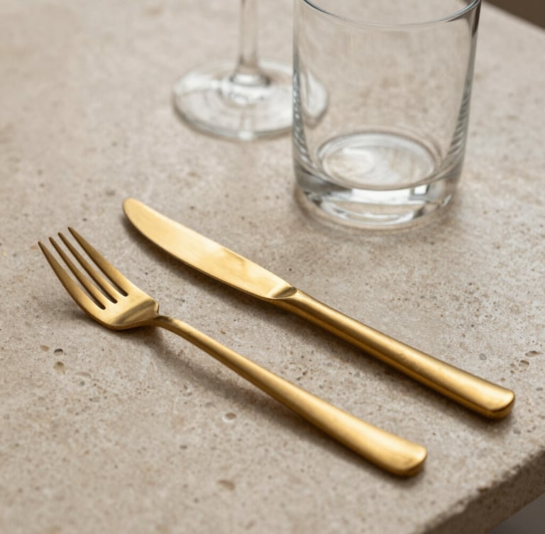 Macro detail of a bespoke textured stone table setting, sharp directional spotlighting highlighting gold-brushed cutlery and minimalist glassware.