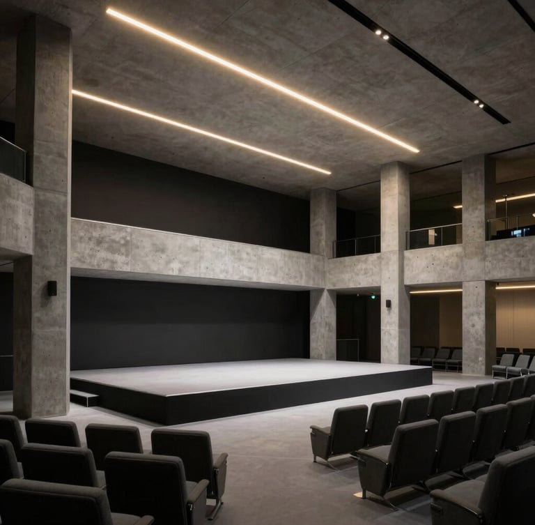 Wide-angle architectural view of a minimalist corporate summit stage in Zurich, razor-sharp concrete pillars, linear gold uplighting, empty modern seating, dramatic low-key ambient lighting.