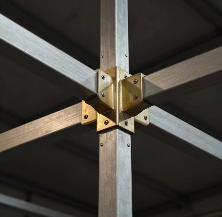 Macro architectural crop of brushed steel and champagne-gold structural joints of a custom-built event pavilion, low-key dramatic lighting.