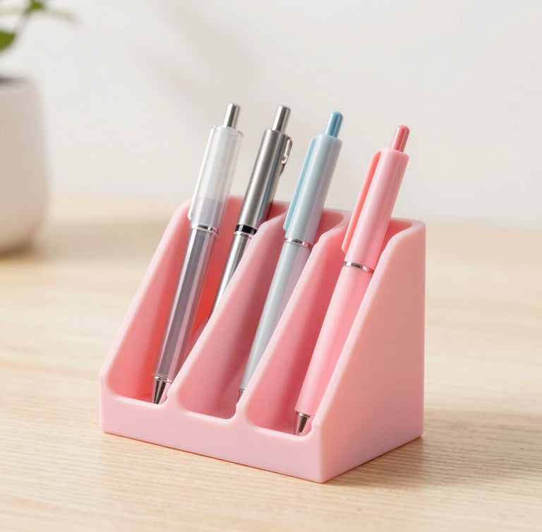 Bright high-key product photography of a pastel pink 3D-printed desk organizer holding pens on a clean wooden desk, soft natural daylight, macro lens, sharp details