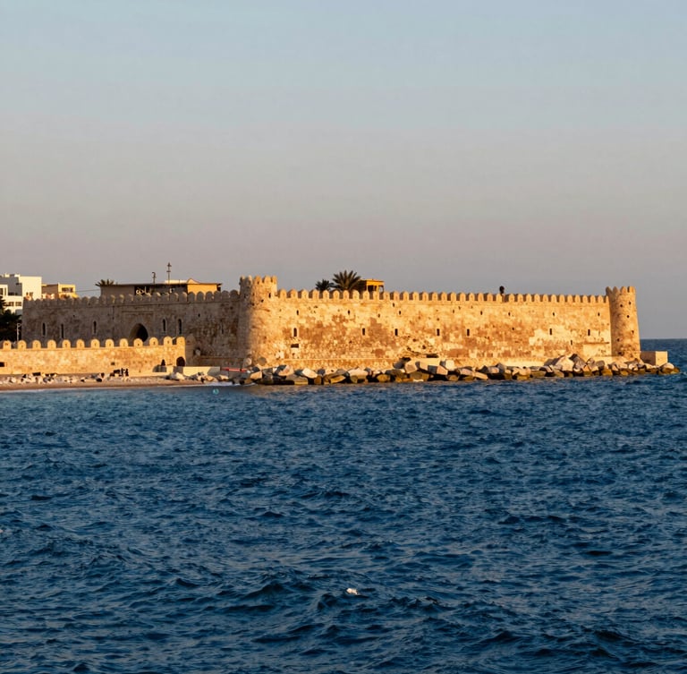 Wide environmental shot of Kayetbay Citadel in Alexandria on the Mediterranean coast, harsh sea spray, dramatic stone battlements against deep blue water, late afternoon light
