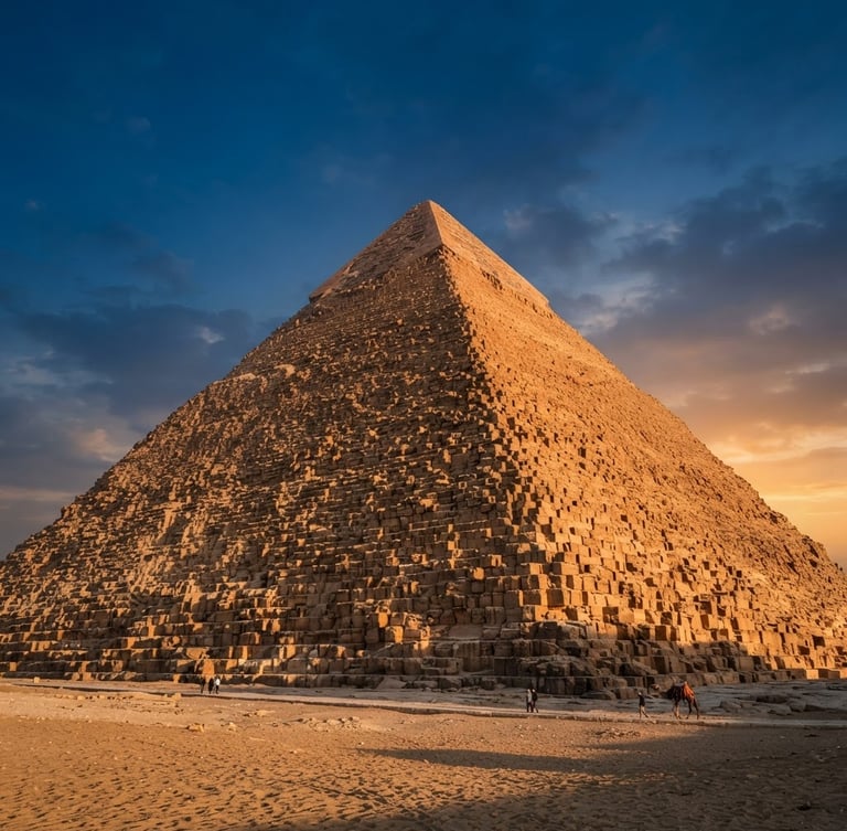 Low-angle shot of the Great Pyramid of Giza at sunrise, towering sandstone blocks casting long diagonal shadows, warm golden light, cinematic framing