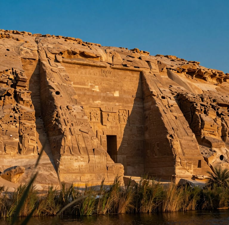 Close-up of textured sandstone ruins along the Nile, warm golden light catching the ancient carvings, with reeds and water softly blurred in the foreground.
