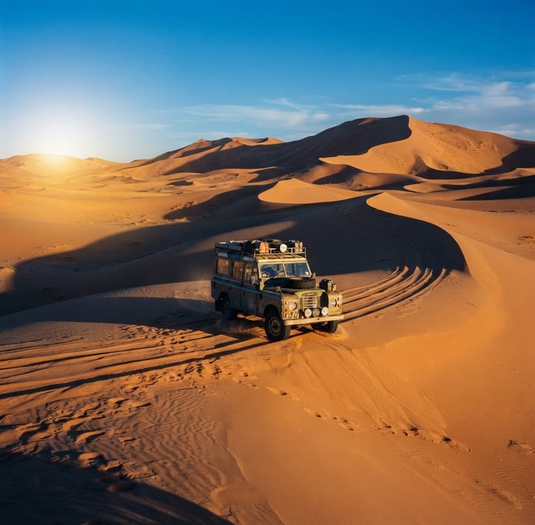 Wide cinematic shot of a single vintage 4x4 vehicle driving across massive golden sand dunes in the Western Desert, long shadows, harsh late afternoon sun, extreme scale.
