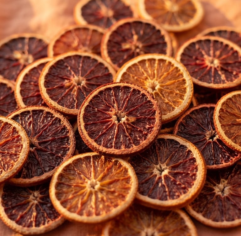 Macro shot of perfectly dehydrated blood orange wheels catching golden hour daylight, warm peach background, professional editorial photography
