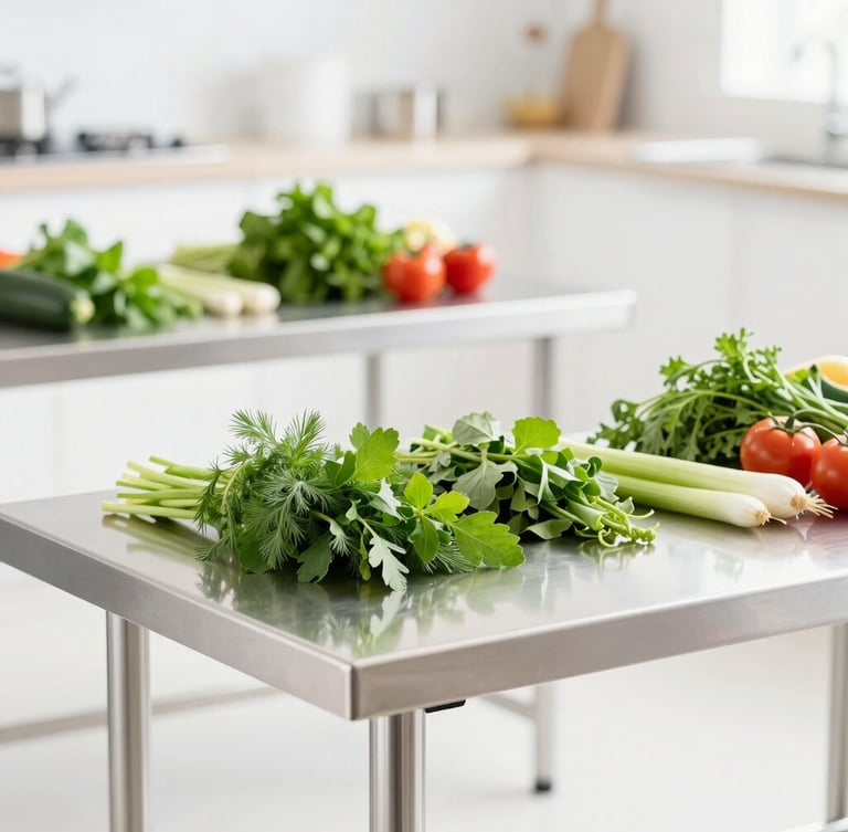 Bright daylight photo of a clean modern prep kitchen, stainless steel tables, fresh green herbs and vegetables neatly arranged
