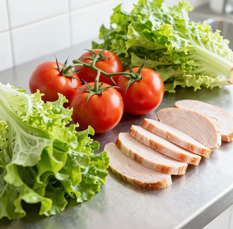 Close-up of fresh crisp green lettuce, vibrant red tomatoes, and sliced turkey breast being neatly arranged on a clean stainless steel kitchen prep table, bright natural daylight