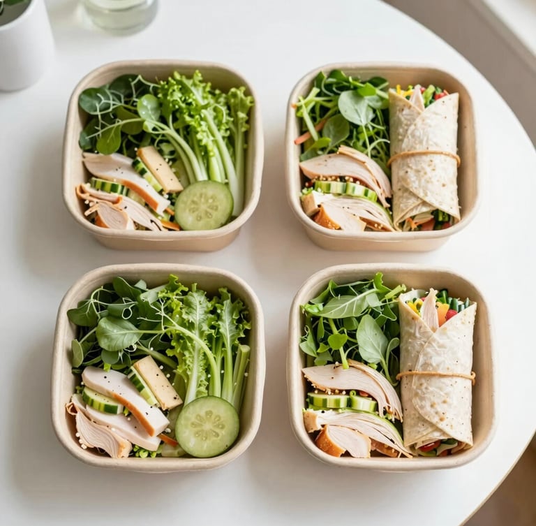 Top-down flatlay of neatly arranged, eco-friendly cardboard boxed lunches on a clean white table, bright natural morning daylight, vibrant green salads and sliced turkey wraps visible, shallow depth of field