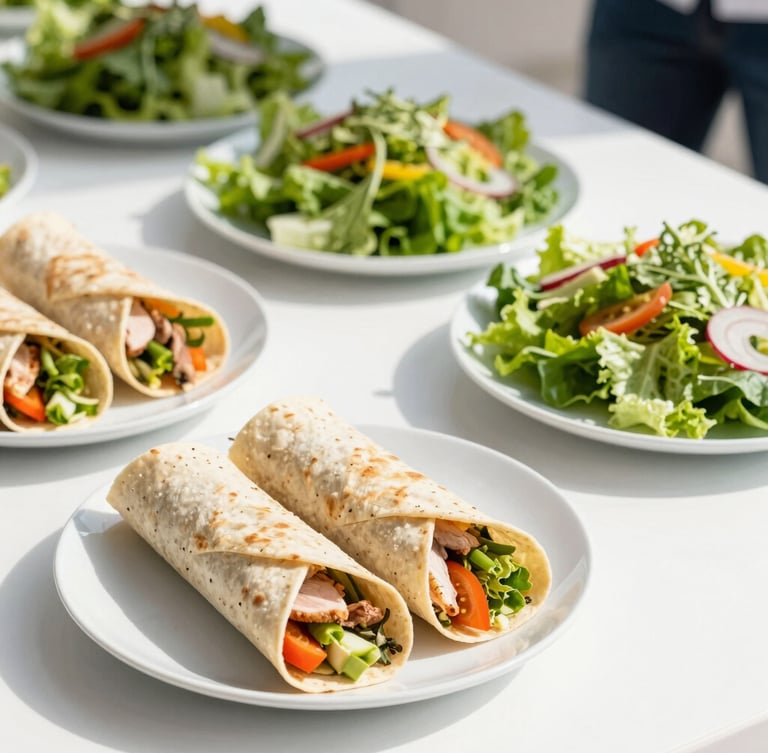 Bright natural daylight portrait shot of a professional catering setup, featuring fresh turkey wrap platters and crisp green salads on a clean white surface with soft shadows.
