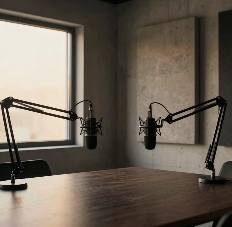 Interior view of a modern content production studio, concrete textures, a minimalist podcast setup with matte black microphone arms, warm window light.