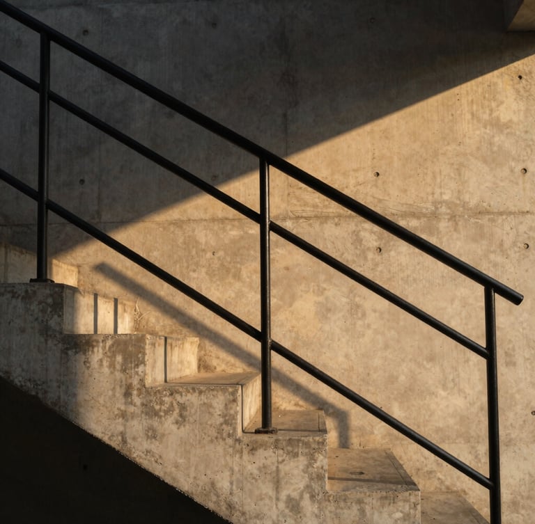 Cinematic architectural crop of a raw concrete staircase, warm golden-hour light casting long shadows across matte black metal railings, 35mm lens.