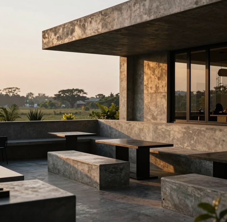 An open-air terrace lounge at golden hour, concrete benches, minimal green landscaping against a warm Bengaluru sky, deep shadows.