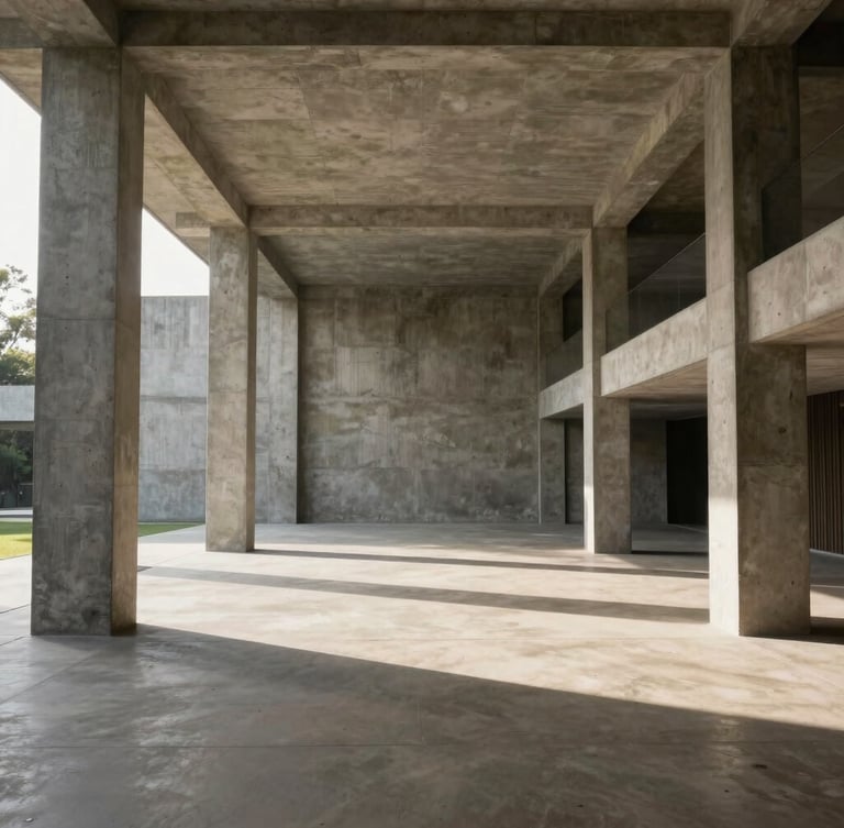 Wide-angle architectural interior of a brutalist villa, raw concrete columns, dramatic sunlight casting sharp geometric shadows across a sand-colored floor, expansive negative space.