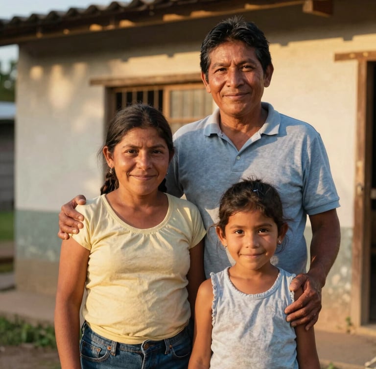 Warm editorial portrait of a Honduran family standing together outside their home in rural Honduras, soft golden-hour sunlight, authentic smiles, rich natural tones, shallow depth of field