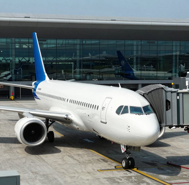 A crisp eye-level shot of a premium commercial airplane parked at a sleek modern airport terminal gate, high-contrast daylight, reflections on the glass terminal, professional travel aesthetic.