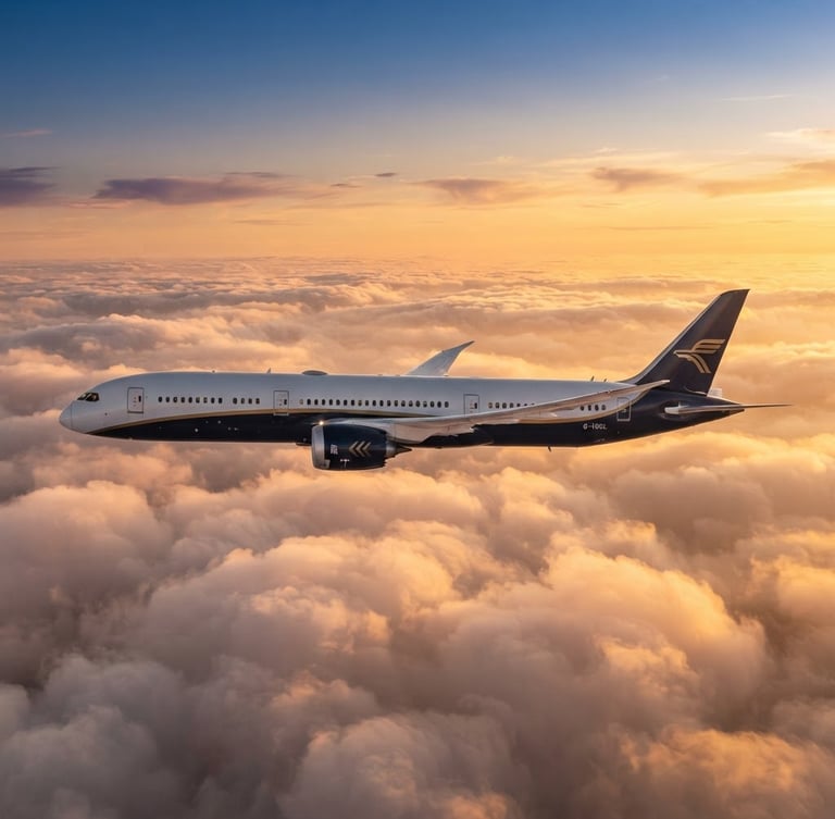 A modern commercial airplane in flight above a soft layer of clouds, caught in the golden hour light, clean side perspective, premium editorial travel photography.