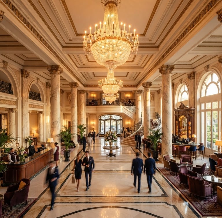 Warm golden-hour architectural perspective of a luxury hotel lobby with high ceilings, marble columns, and glowing chandeliers, professional interior photography