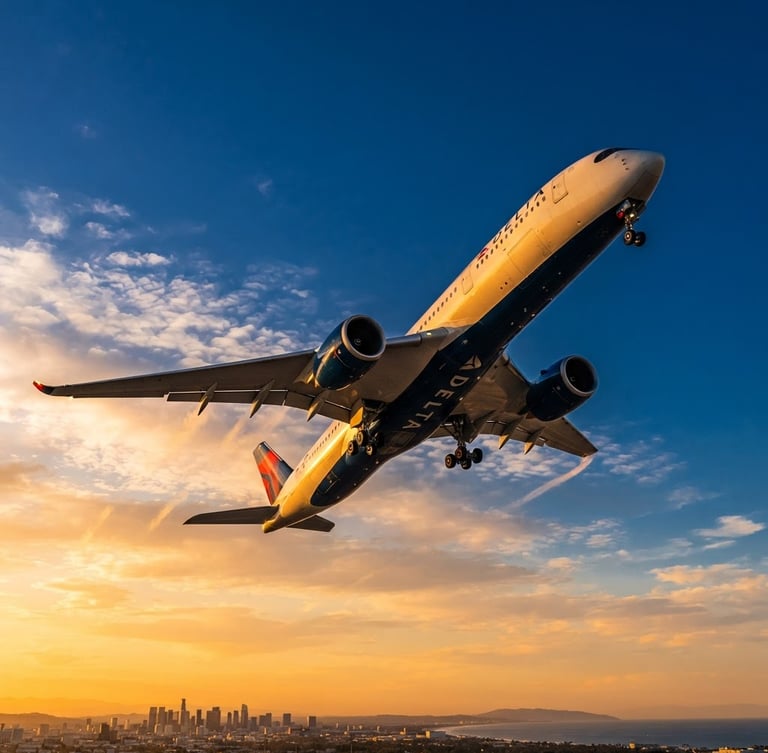 Low-angle dramatic shot of a modern commercial airplane ascending into a golden-hour sky, warm sunlight catching the fuselage, deep blue sky gradient, premium editorial travel photography style