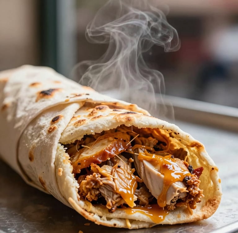 Close-up of a tightly wrapped chicken döner dürüm cut in half, steam rising from the crispy lavaş, rich golden tones, warm street food aesthetic.