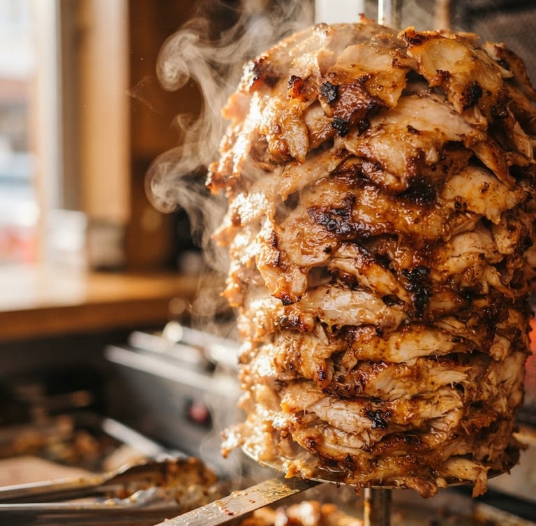 Close-up of glistening, freshly sliced chicken döner rotating on a vertical spit, warm golden-brown meat textures, soft steam rising, professional food photography style