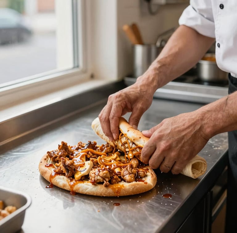 A chef carefully preparing fresh chicken döner on a clean steel counter, wrapping warm gobit bread, natural window lighting, clean modern street-food kitchen